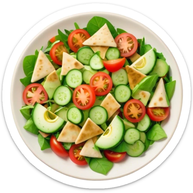 Cinematic Realistic Fattoush Salad Dish Emoji, depicted as a colorful medley of greens, tomatoes, cucumbers, and crispy pita rendered with vibrant textures and refreshing lighting. sticker