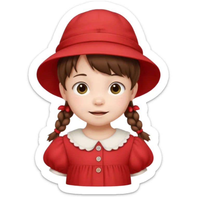 baby girl with brown hair and pigtails with a hat and red dress like My Neighbor Totoro movie sticker