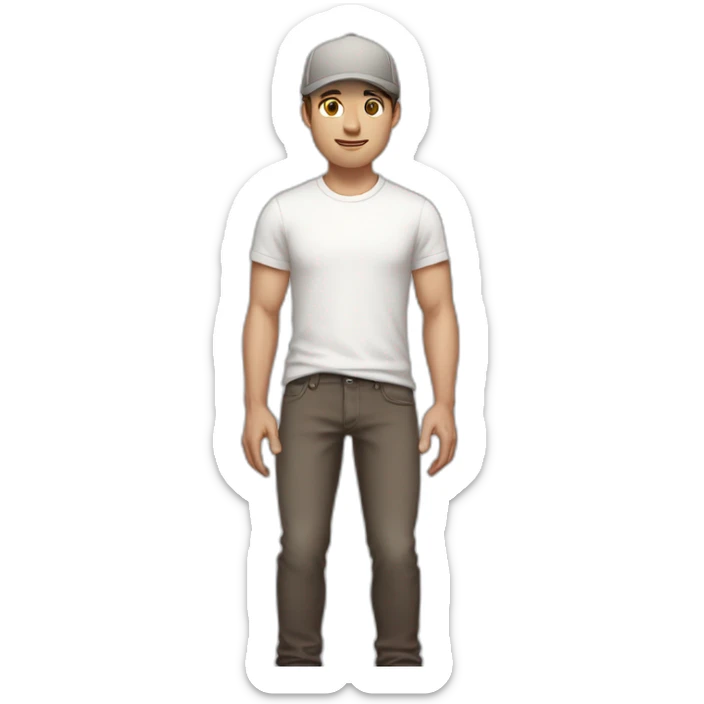 Pale skinned fit Man with dark brown hair in a light gray cap, dark brown jeans, brown polo and white T-shirt keeping a pasted with tape white box into his hands sticker
