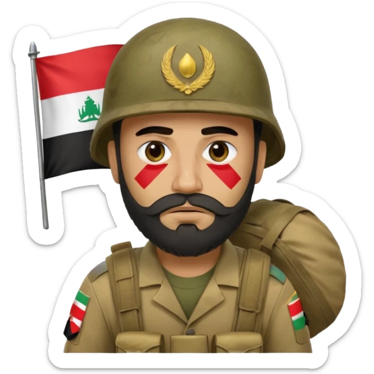 A very tired and sad, swarthy Iraqi soldier with a beard, an Iraqi flag on his helmet, a sad expression and bags under his eyes sticker