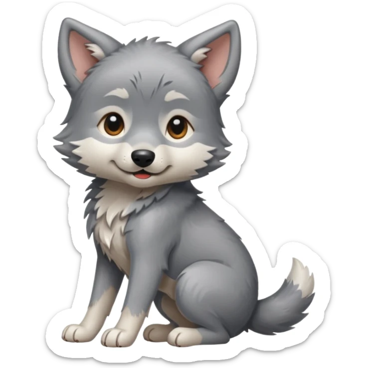 an animated gif sticker emote of a wolf puppy in a play bow wagging its tail in a smooth, natural arc over its back sticker