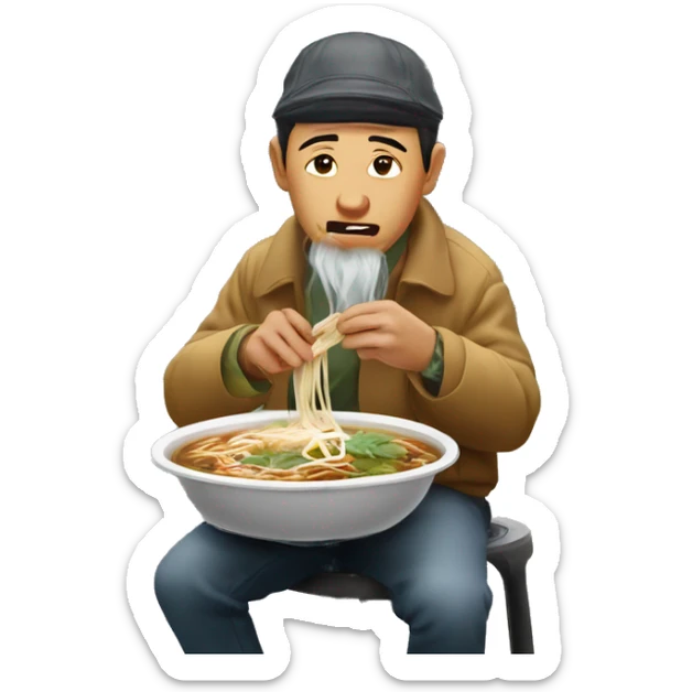vietnamse man wearing non la eating pho on a plastic stool outside on the street sticker