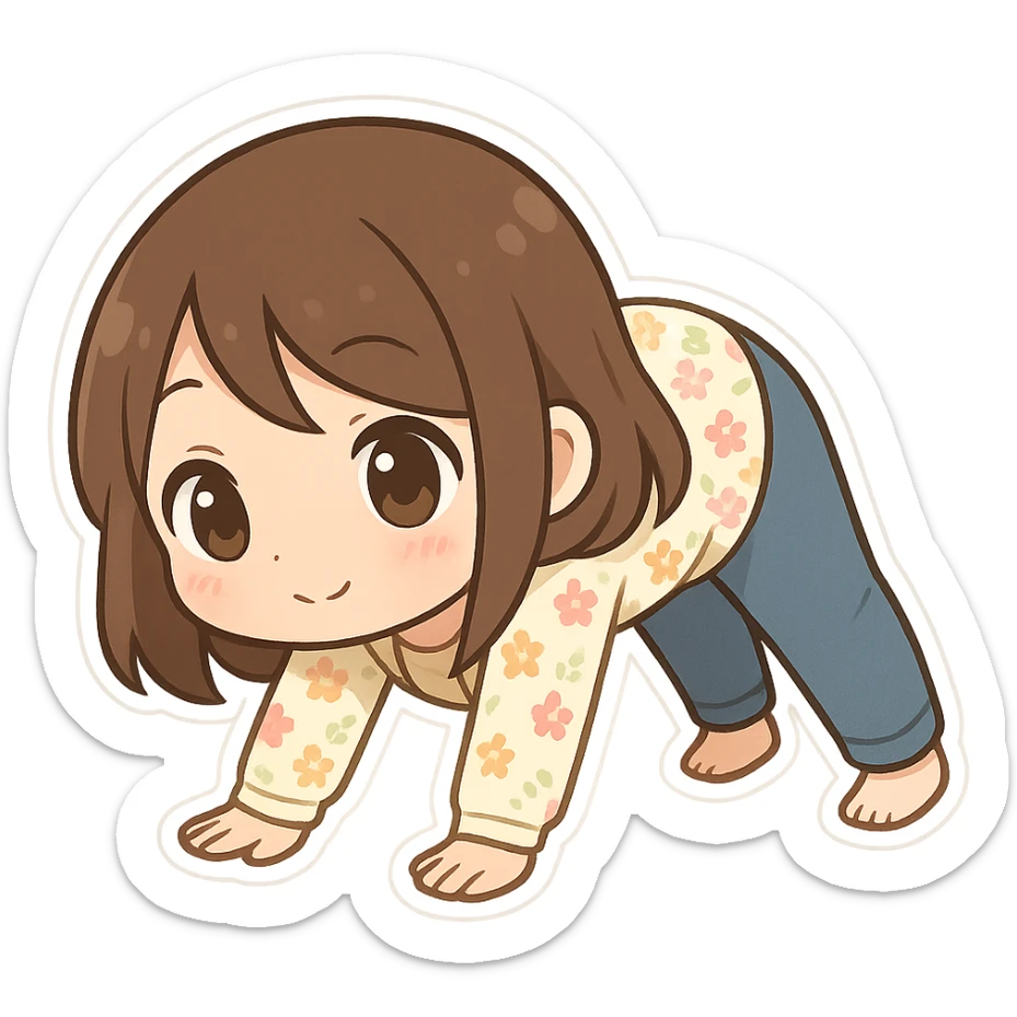chibi sticker of a girl with brown straight hair and brown eyes, wearing a pastel floral cardigan and jeans, doing yoga in downward dog pose, white outline, transparent background, 512x512px sticker