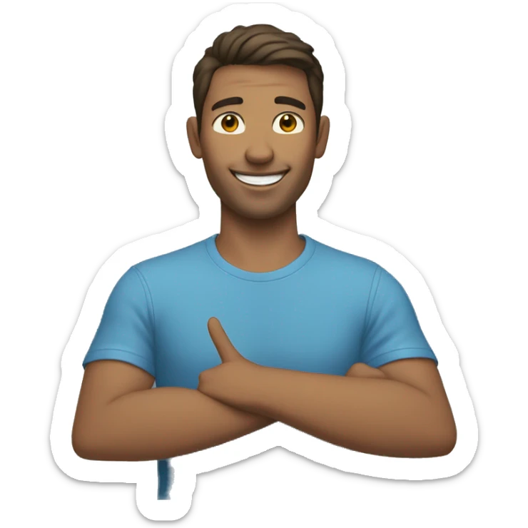 A portrait of a man with a middle part haircut holding the peace sign and he is happy and he has a blue t shirt. He is white sticker