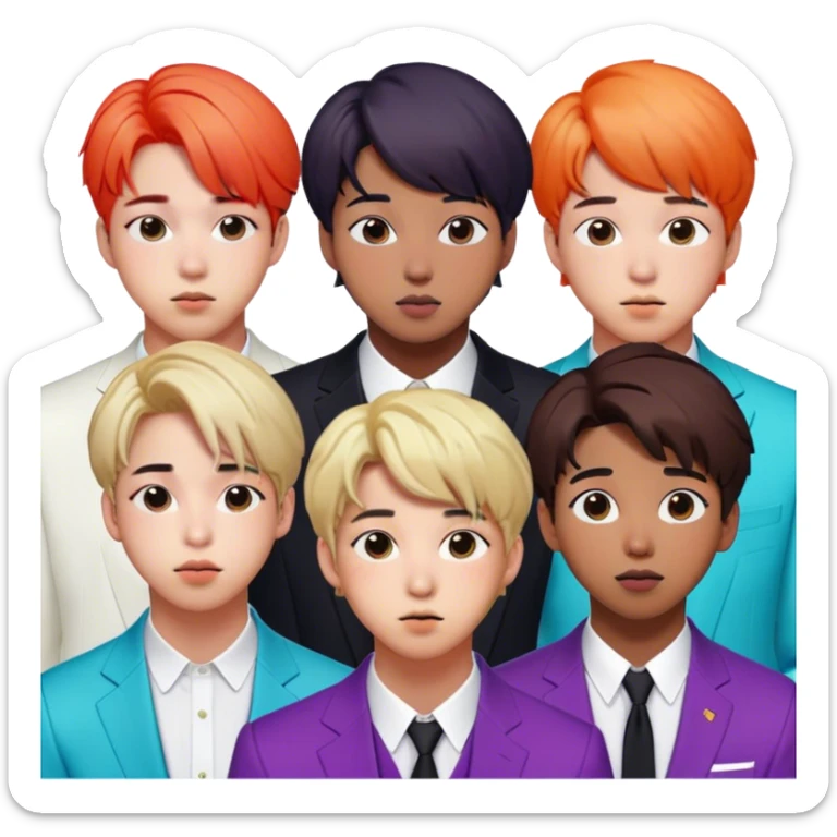 Cinematic Realistic group portrait of BTS featuring all 7 members in stylish modern attire, with detailed facial expressions and vibrant colors, captured in dynamic, contemporary lighting that emphasizes their global pop icon status sticker