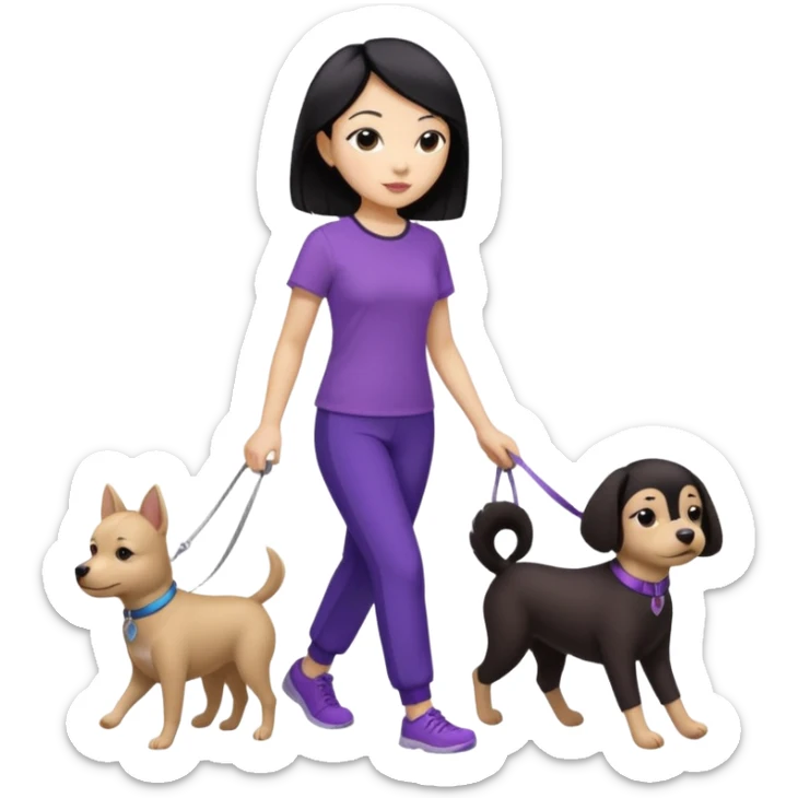 black hair Chinese woman wearing purple top and black pants walking one small brown dog sticker