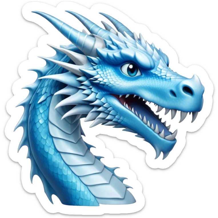 Cinematic Noble elegant Ice Dragon Portrait Emoji, Poised and imposing, distinct long elegant snout, with a slender, scaled body shimmering in glacial hues of icy blue, frostbitten silver, and crystalline white, breathing out frost, with piercing, glowing ice blue white eyes that radiate the chilling depths of an arctic storm; rendered in detail. sticker