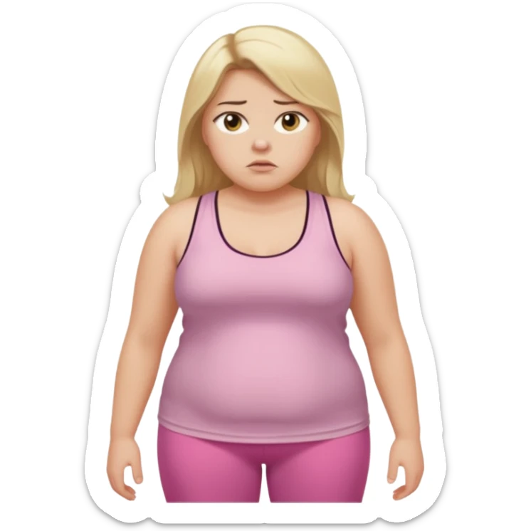 Create a young woman with long blonde hair, golden eyes, and medium-light skin tone, wearing a light pink tank top and leggings. but she is overweight  She should be in portrait mode, but with a subtle doubting facial expression—slightly raised eyebrow, small frown, sticker
