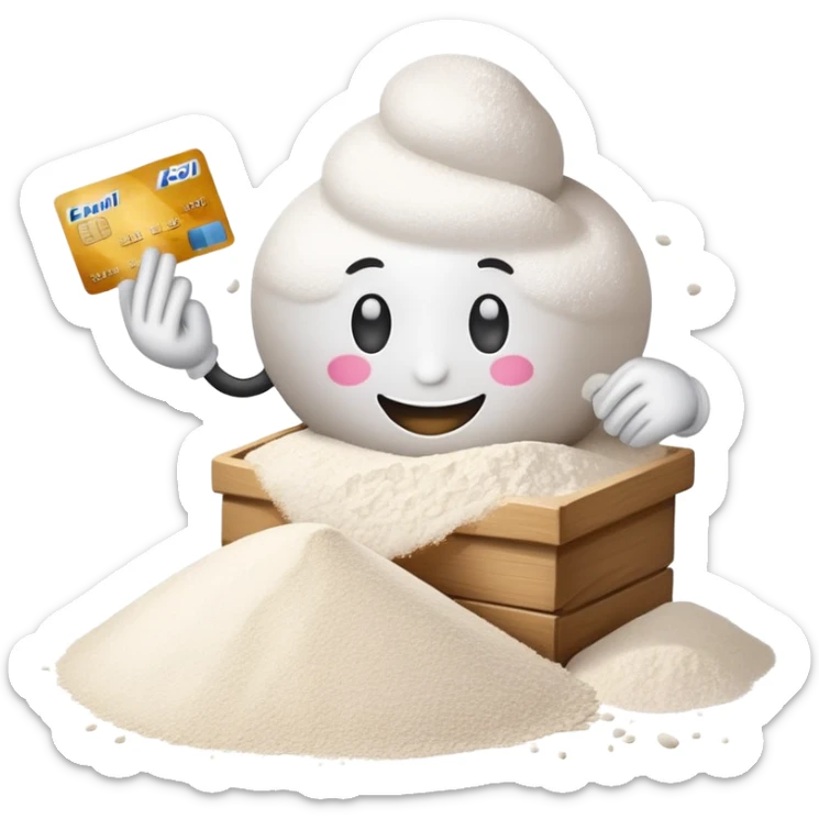 Happy emoji with credit card in hand and a pille of flour sticker