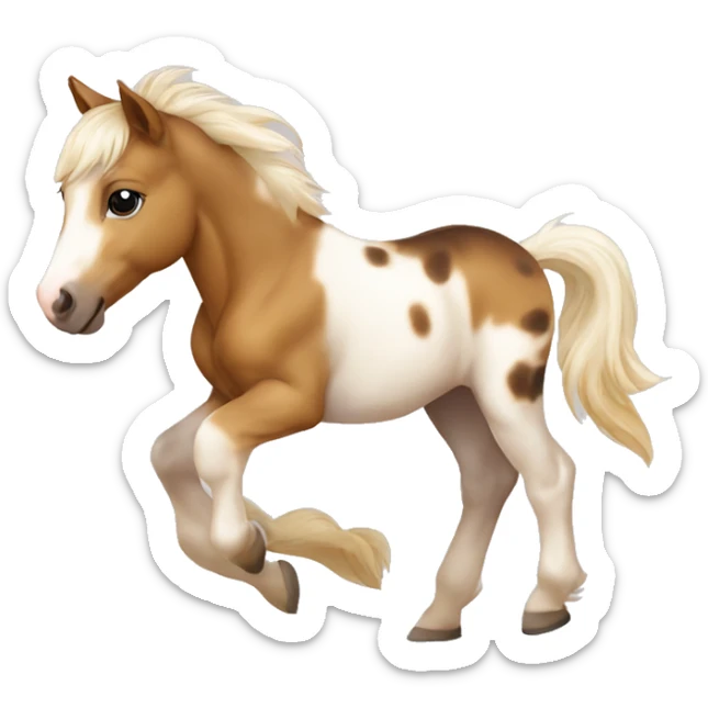 Piebald tricolor palomino yellow brown horse foal with dark brown spots baby running sticker