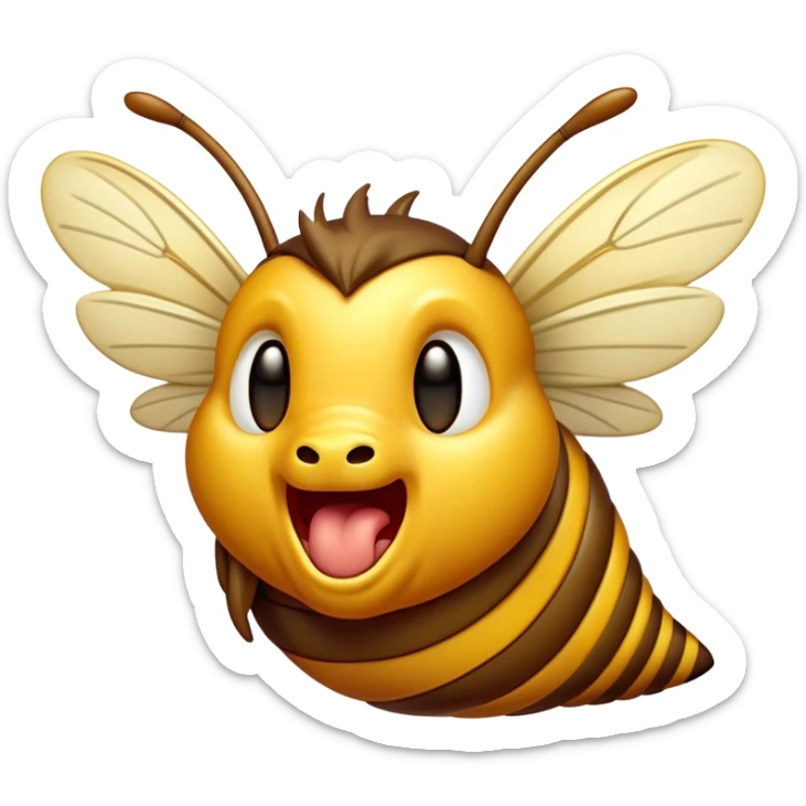 Cinematic Cute Yawning Hornet Portrait Emoji, Head tilted slightly with a dramatic, wide-open yawn, showcasing a small, striped body with softly drooping wings and sleepy, half-closed eyes, Simplified yet irresistibly adorable features, highly detailed, glowing with a soft, cozy glow, high shine, relaxed yet expressive, stylized with a dash of whimsical insect charm, soft glowing outline, capturing the essence of a drowsy yet affectionate hornet that appears ready to stretch out for a nap! sticker
