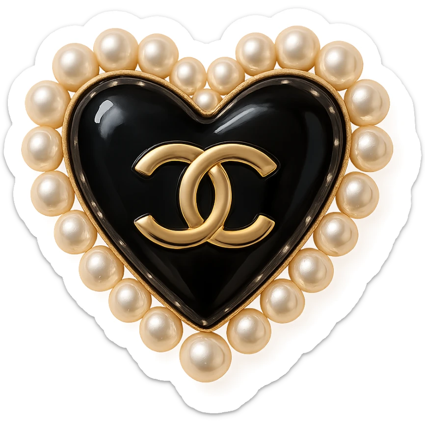  only the elegant heart with pearls and gold Chanel logo, glossy, pastel colors, realistic style, with no background. black pink,  sticker