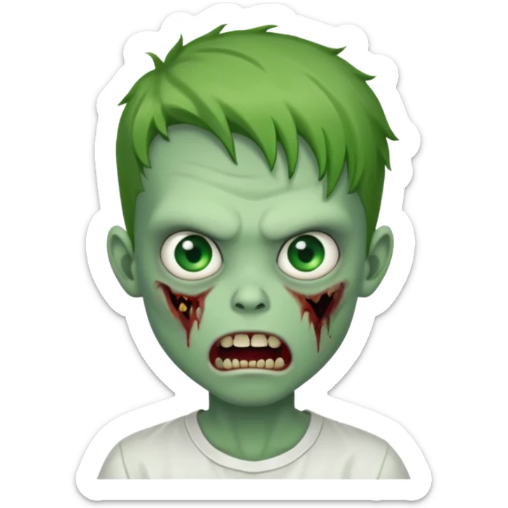 zombie boy with outgrown hair and wearing a white shirt with green prominent eyes and an evil mouth either open, green skin sticker