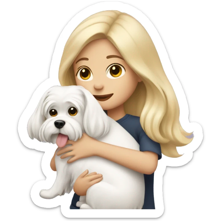 Girl with blonde hair hugging a Maltese dog sticker