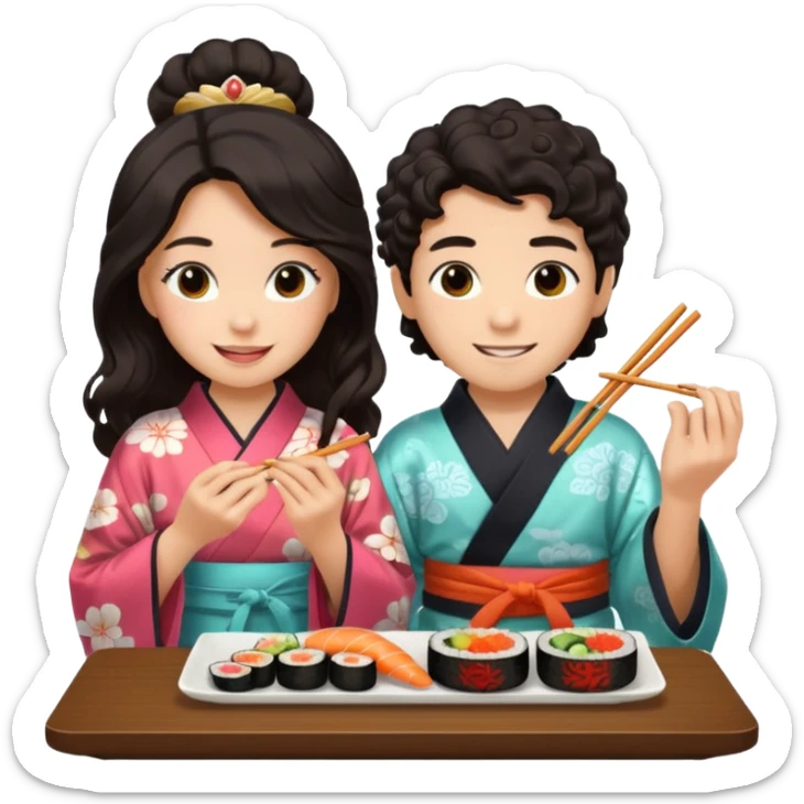 czarnowłosa ksieżniczka w dlugich wlosach je sushi z chłopakiem o czarno brązowych kręconych włosach i są zadowoleni sticker