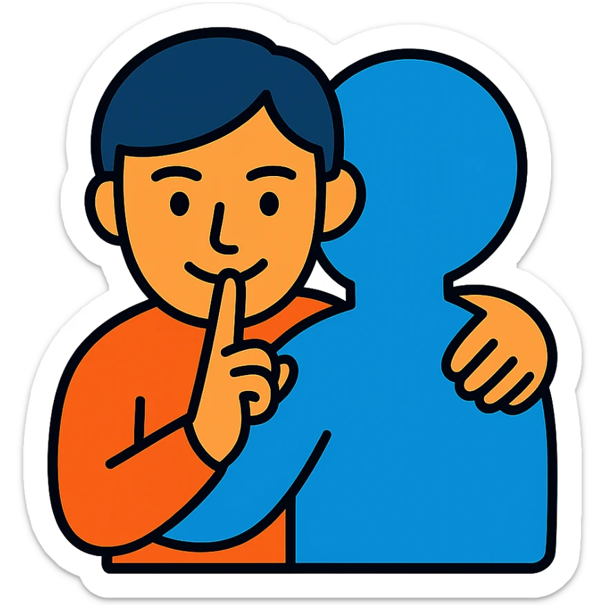 A person hugging another person with a mysterious smile and a finger to their lips sticker