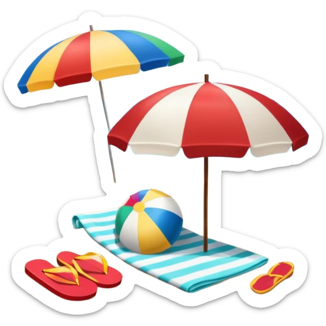 Icon for Beach Tourism: a sandy beach with a beach umbrella, with the ocean landscape in the background, flip-flops, a towel and a beach ball. The icon should capture the relaxation and fun of beach vacations. Transparent background. sticker