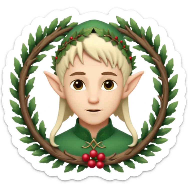 Fantasy elf portrait emoji, winter forest wreath made of pine branches and berries, elven ears visible, calm elegant expression, clean simple design, soft winter colors, flat emoji style, high readability, male variant
 sticker