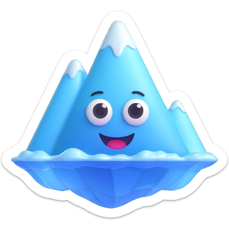 Apple Memoji style: adorable 3D iceberg emoji, glossy icy texture, white and pale blue, rounded, shiny, big cartoon eyes, small smile, floating in calm ocean, Pixar-style, soft lighting, minimal sticker