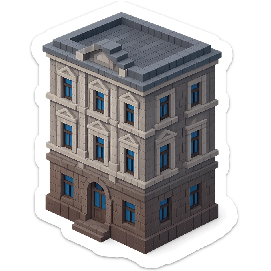 old Saint Petersburg building, classic architecture, ornate facade, gray and brown tones, isometric view sticker