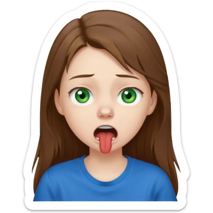 Cute girl with pale skin, long brown hair, green eyes and blue t shirt who is chocked sticker