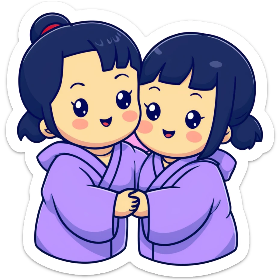 Two adorable Japanese girls with black hair and Asian features, their cheeks touching, kawaii style sticker