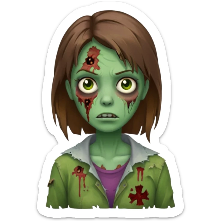 a zombie woman with straight brown medium hair with green skin sticker