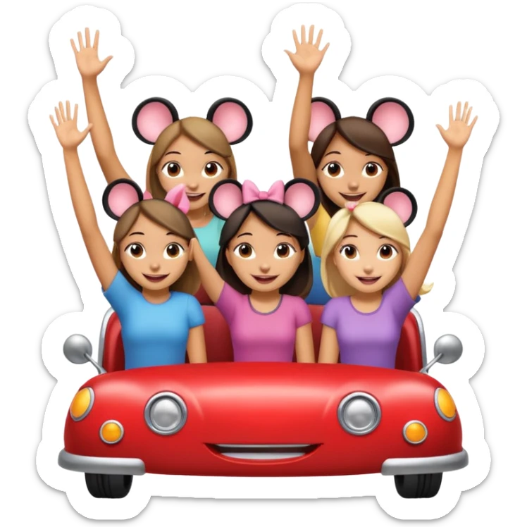 quatro chicas montadas en una atraccion de levantando la mano con orejas de dines puestas sticker