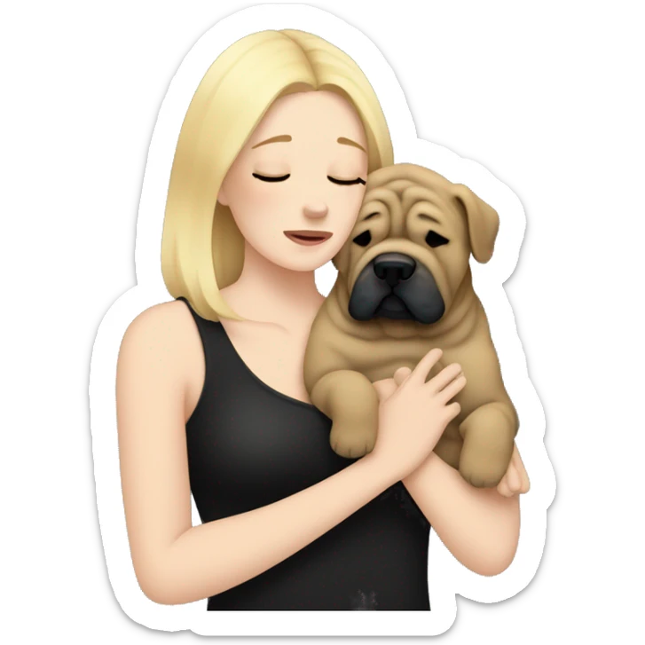 Blonde woman in black top crying and cuddling blue Shar Pei  sticker
