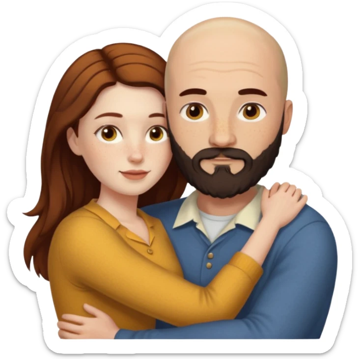 Couple. Bald man with dark brown-black beard. White woman with many small, faded freckles, she has white skin and she has auburn-yellow-brown-cinnamon, dark long hair. She has light brown eyes. The man have hazel eyes. Retro style. They hug. sticker