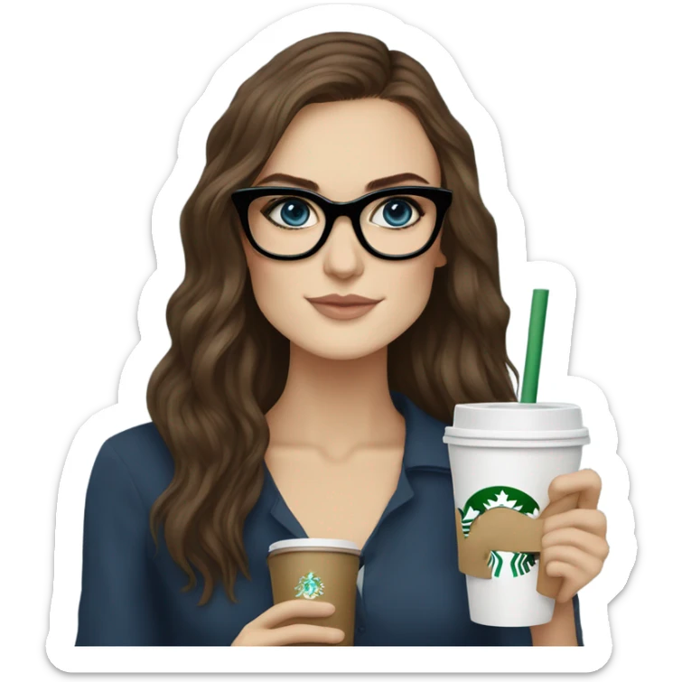 Photo of elegant Keira Knightly wearing black glasses and blue eyes holding Starbucks  sticker