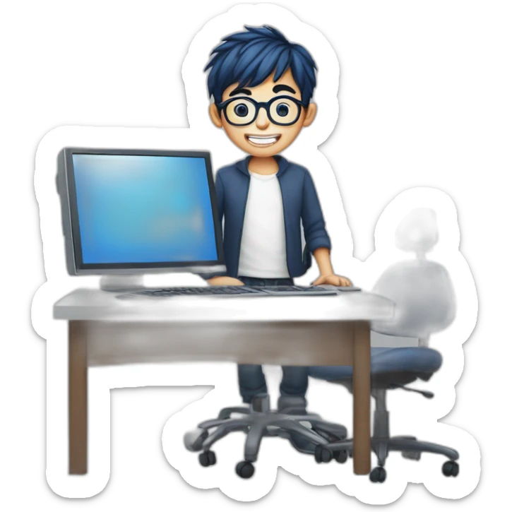 A boy with dark blue hair, round glasses and a dental appliance behind a computer. sticker