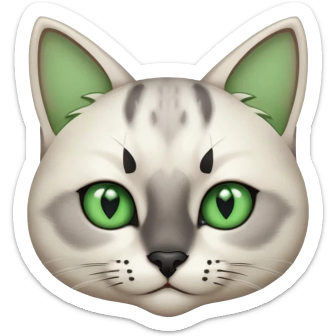 Haz una gata de ojos verdes la cara blanca con mancha negra en las orejas que agarra parte de la frente del lado der pero del iz va desde el ojo hasta la oreja la mancha, tiene la nariz negra en forma de corazón y todo lo que sobra de la cara, barbilla la nariz arriba y el lado de bigotes es blanca sticker