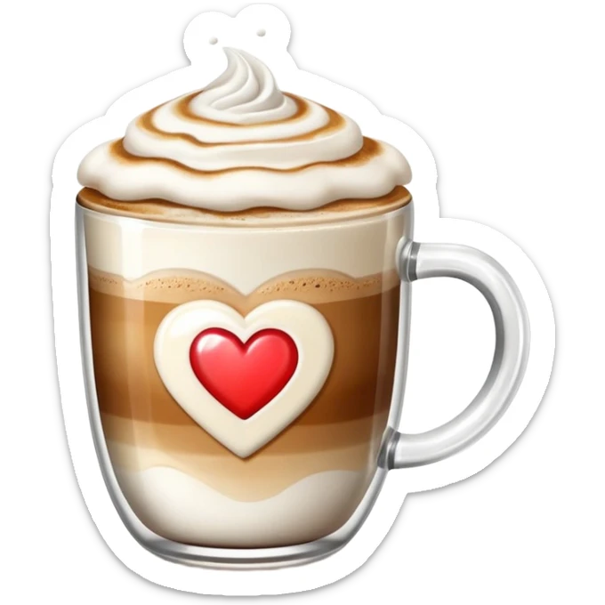 cappuccino glass mug with visible layers of coffee and milk, topped with foam emoji sticker