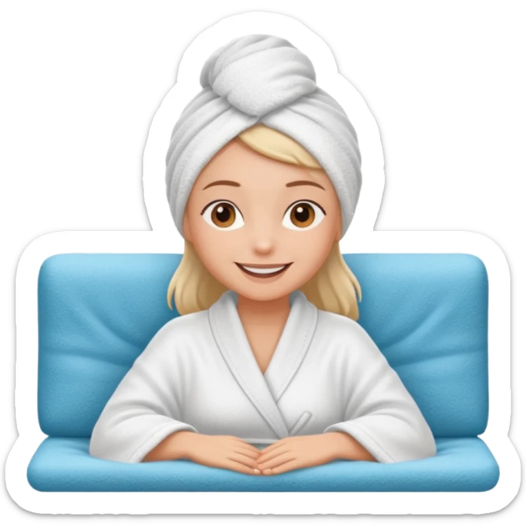 spa A contented and relaxed girl with a towel on her head in a white robe lies on a couch sticker
