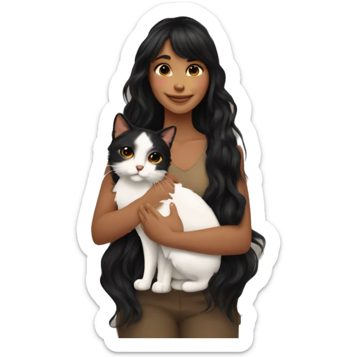 TAN SKIN GIRL with long black wavy hair and bangs HUGGING HER CALICO CAT  sticker