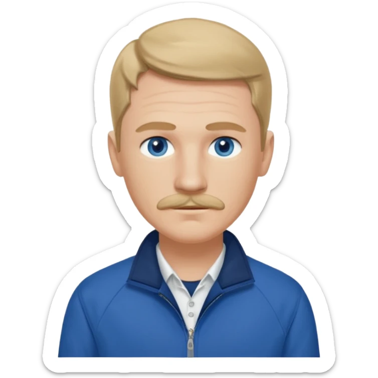 Coach Heider from Mysterious Skin with blue eyes, dark blonde hair and thin mustache, dark blue shirt, white jacket sticker