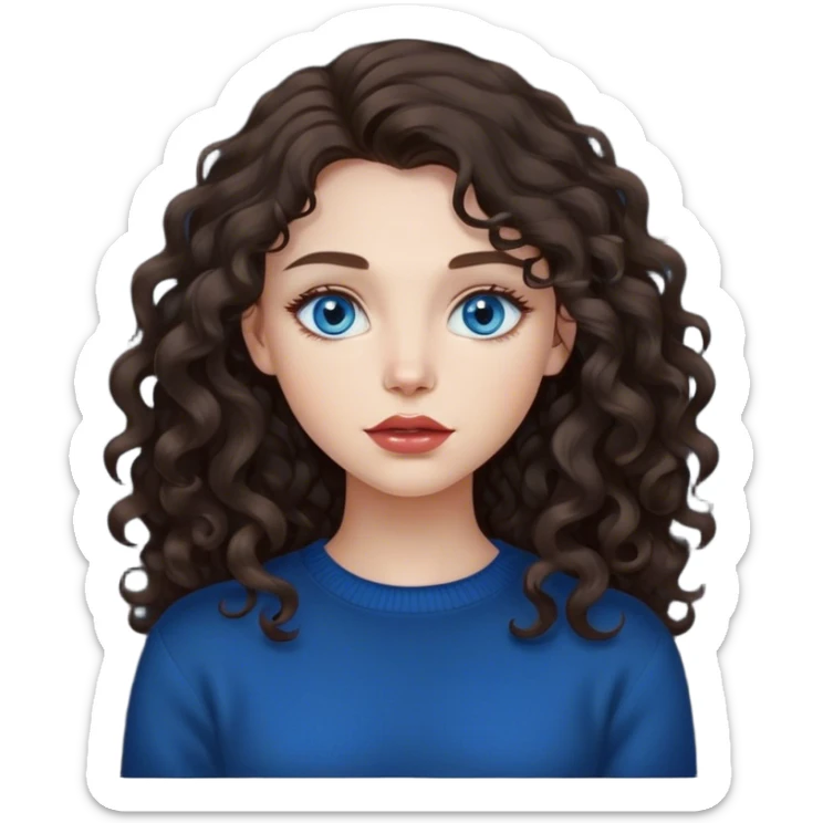 girl with long, lush, lightly curly dark brown hair, big lips and blue eyes, black sweater sticker