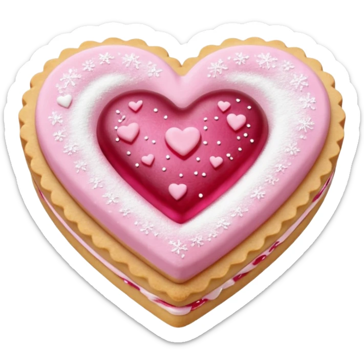 Realistic shortbread cookie in the shape of a heart with pink jelly middle filling and sprinkled powder sugar on top. sticker