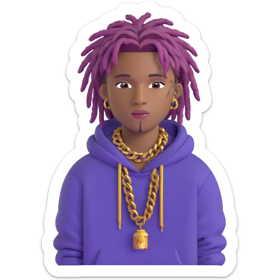 Juice WRLD with purple dreadlocks, designer hoodie, gold chains, and signature style sticker