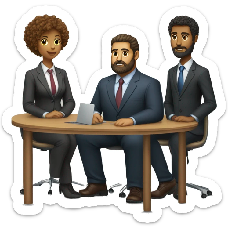 work meeting table 3 men and 4 women sitting on a table wearing suits the women have curly hair and one of the men is fat with a beard and of them is tanned with curly hair sticker