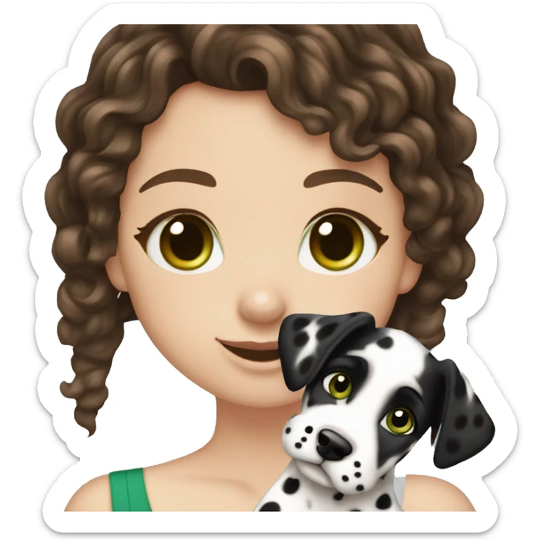 White girl with dark brown curly hair and green eyes is holding Dalmatian puppy sticker