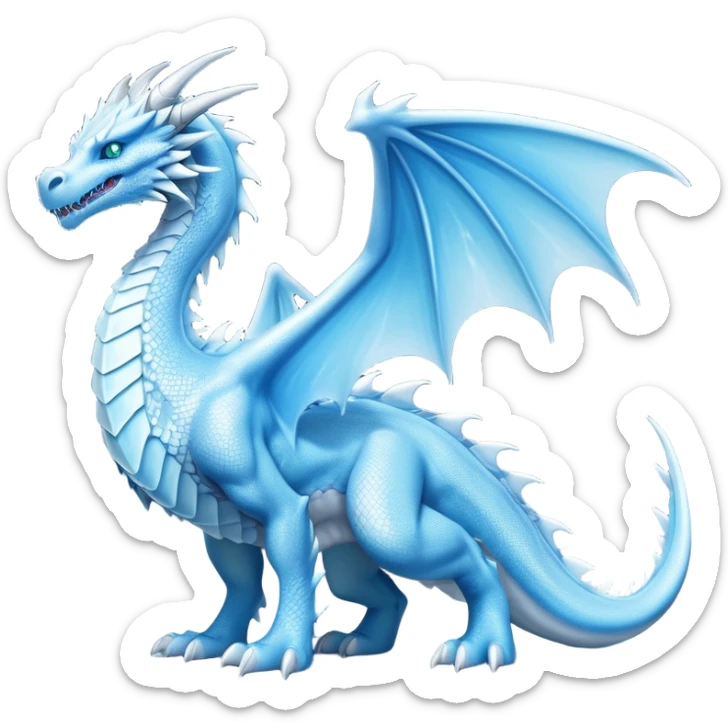 Cinematic Noble wise elegant Ice Dragon full body  Emoji, Poised and imposing, distinct long elegant snout, with a slender, scaled body shimmering in glacial hues of icy blue, frostbitten silver, and crystalline white, breathing out frost, with piercing, glowing ice blue white eyes that radiate the chilling depths of an arctic storm; rendered in detail. excuding wisdom sticker