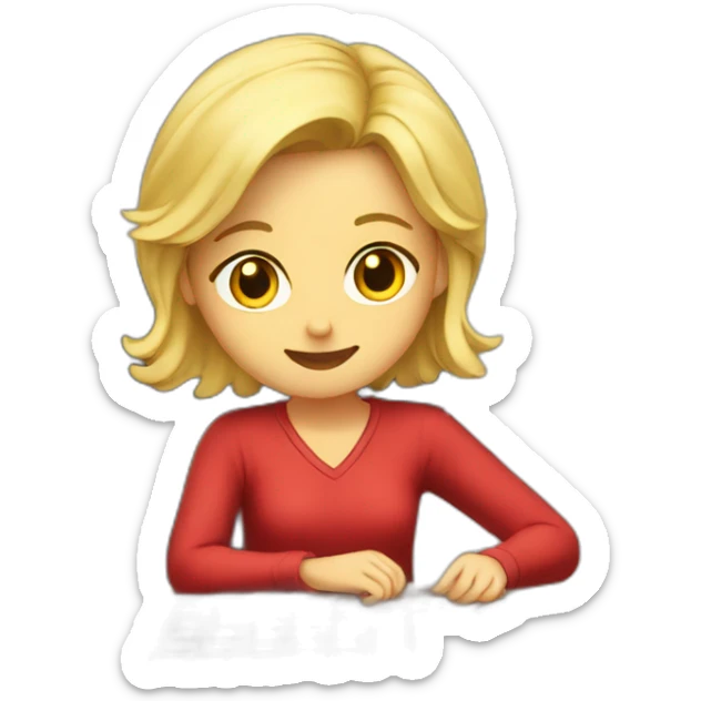 Girl, blonde hair, wearing red shirt, sitting at a black desk, wrapping chocolate candies sticker