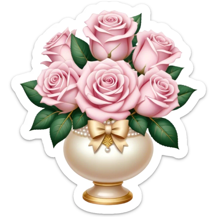 Realistic aesthetic three powder pink and three white rose bouquet  in a pearl vintage vase and a beige bow with gold decoration  sticker