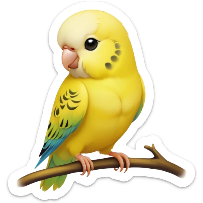 Cinematic Noble Yellow Budgie Portrait Emoji, Poised and regal, with a petite, delicate build and a smooth, well-groomed fur of brilliant yellow feathers, deep-set soulful dark eyes, Simplified yet sharp and sophisticated features, highly detailed, glowing with a soft, dignified glow, high shine, intelligent and charming, stylized with an air of elegance, focused and attentive, soft glowing outline, capturing the essence of a watchful and confident avian companion, so majestic it feels as though it could flutter out of the screen with effortless authority! sticker