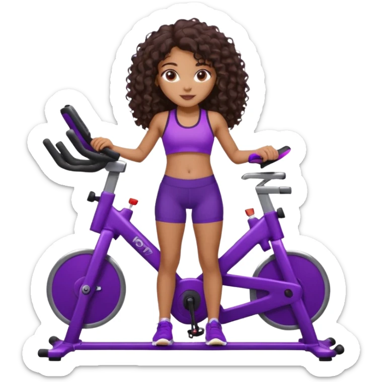 African American girl with long dark brown curly hair, purple workout set leaning on a indoor spin bike with NO HELMET,  sticker
