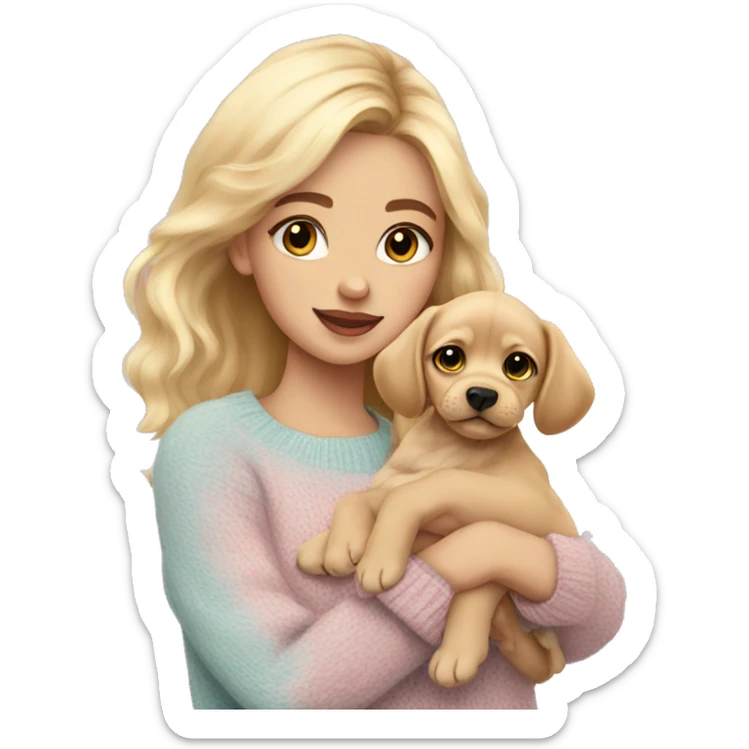 Pretty girl blonde hair pastel sweater light skin holding puppy sticker