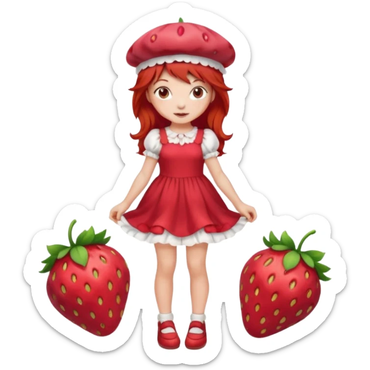 Strawberry shortcake human girl full body and legs with a strawberry hat on her red hair and dress without a cake sticker