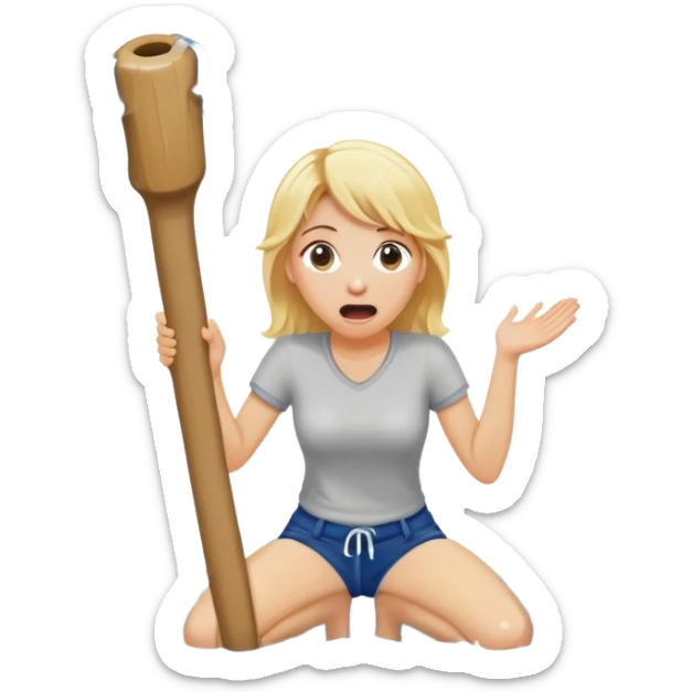 simple blond woman kneeling, surprised, big cartoon stick with D-shaped knob emerging from hanging pants, water splash into her mouth sticker